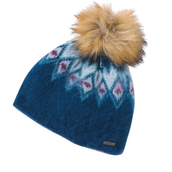 Prana Blue and White Knit Hat with Faux Fur Pom - Picture 1 of 8